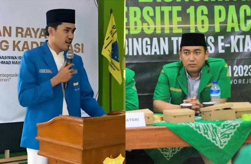 Ketua PC PMII Purworejo, Fatkhu Rohman (jas biru) dan Ketua PC Ansor Purworejo, Tashilul Manasik (jas hijau). (Istimewa)