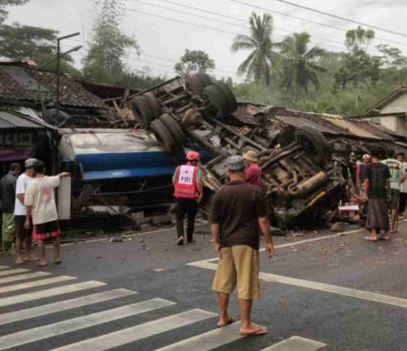 Truk pengangkut solar terguling usai mengalami rem blong di Kalijambe, Purworejo.