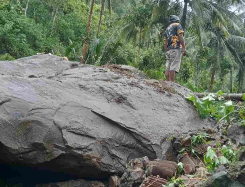 Material tanah longsor menutup jalan di Desa Sawangan, Kecamatan Pituruh, Kabupaten Purworejo.